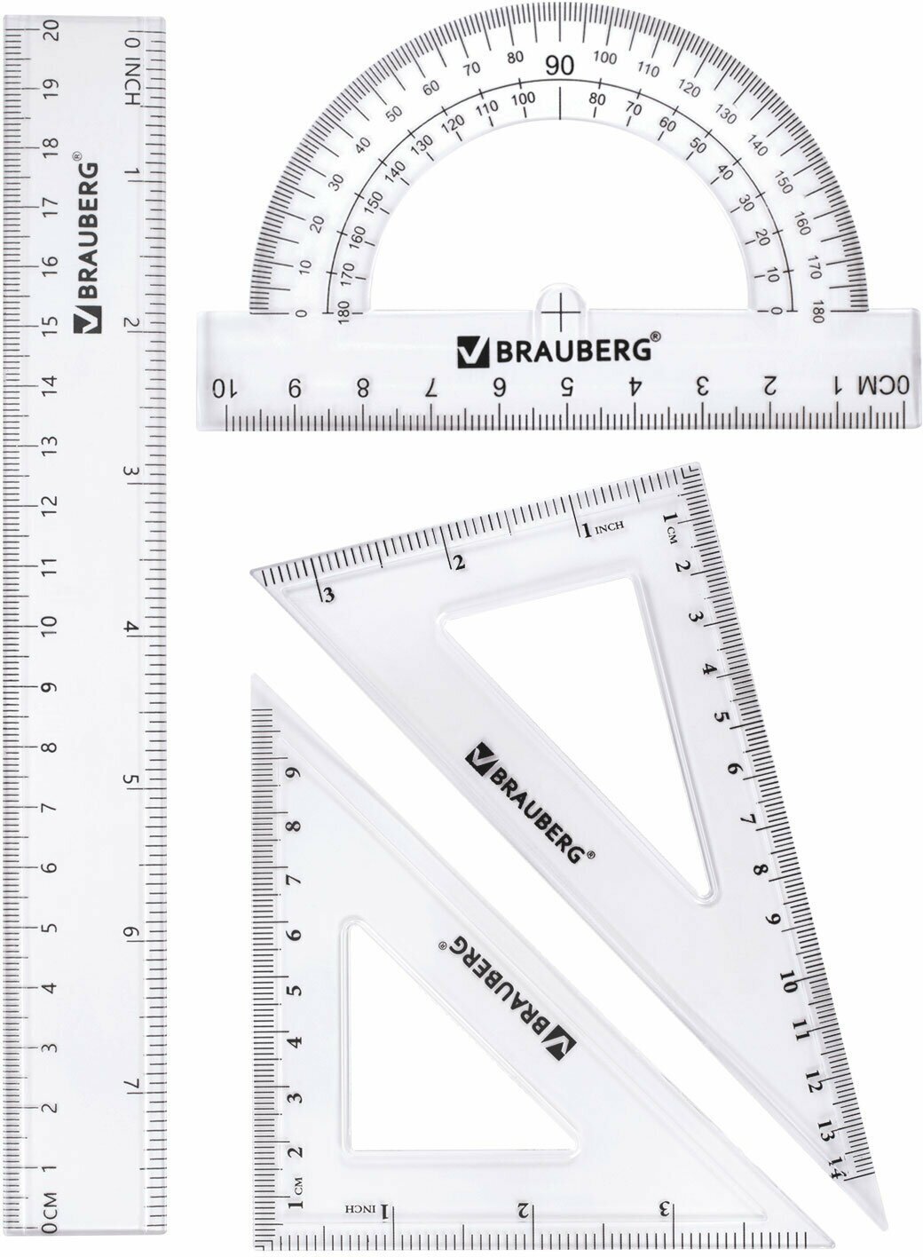 Набор чертежный для школы / геометрии средний Brauberg (линейка 20 см, 2 угольника, транспортир)