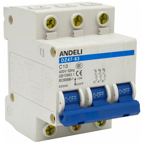 Автоматический выключатель ANDELI DZ47-63/3P 10A 4.5kA х-ка C ADL01-091 16086973 автоматический выключатель andeli am1 630l