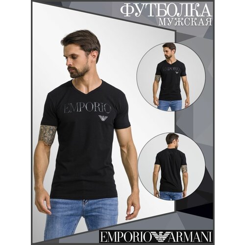 фото Футболка emporio armani, хлопок, принт надписи, размер l, черный