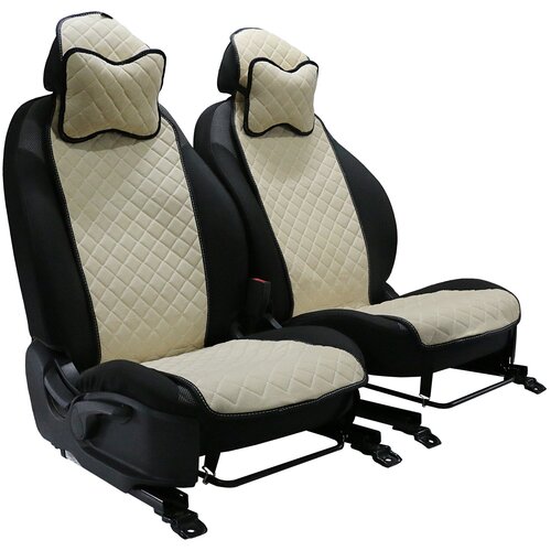 Подушка на сиденье автомобиля универсальная из велюра премиум-класса Ткань ромб бежевый строчка белаяподголовник для автомобильных сидений - 2 шт 700₽