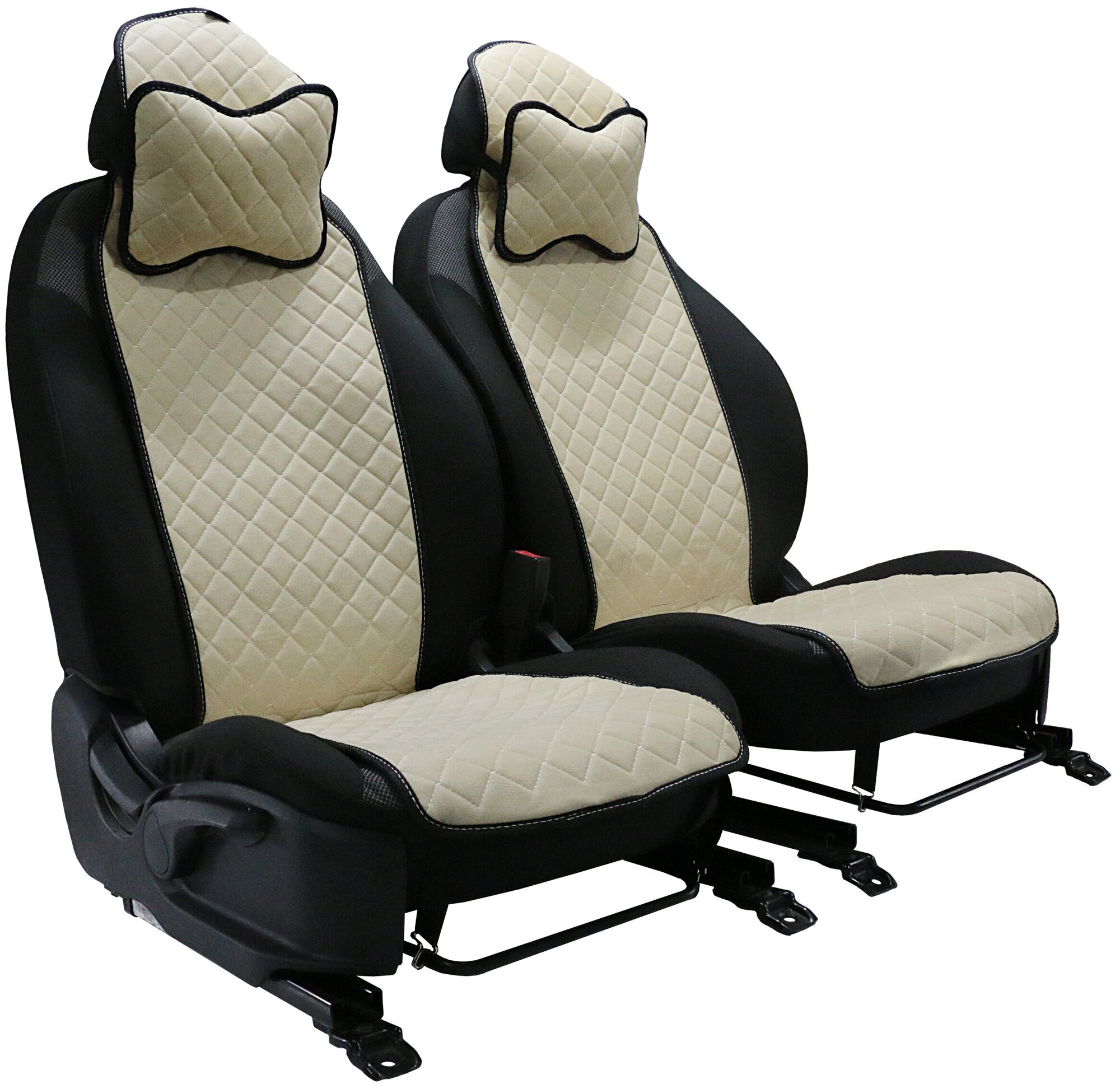 Подушка на сиденье автомобиля универсальная из велюра премиум-класса. Ткань ромб бежевый строчка белая/подголовник для автомобильных сидений - 2 шт.