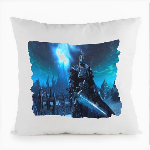 фото Подушка белая coolpodarok варкрафт король games warcraft king lich (персонаж с мечем,синий фон),белая
