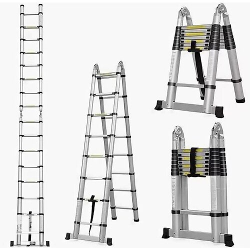 Лестница двухсекционная стремянка телескопическая 2.8+2.8м профессиональная, алюминиевая, приставная, складная, трансформер TraMet лестница телескопическая 4 3м профессиональная алюминиевая приставная складная трансформер tramet
