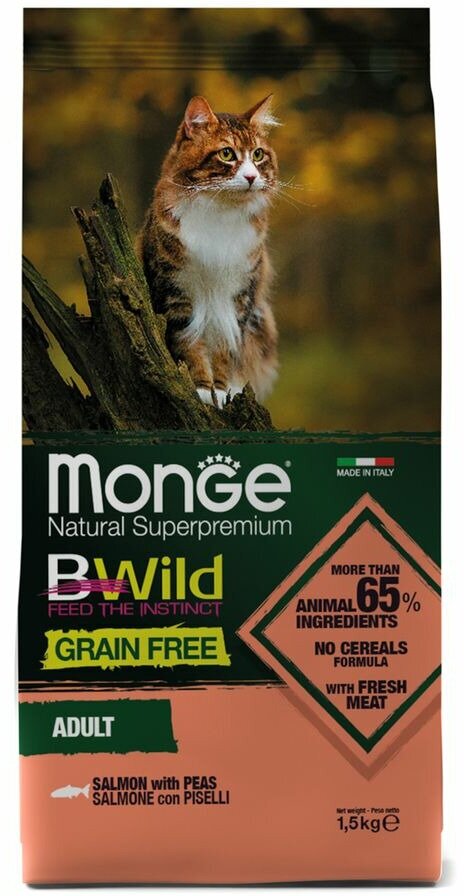 Monge Cat BWild Grain Free Сухой беззерновой корм для кошек, Лосось и горох 1,5