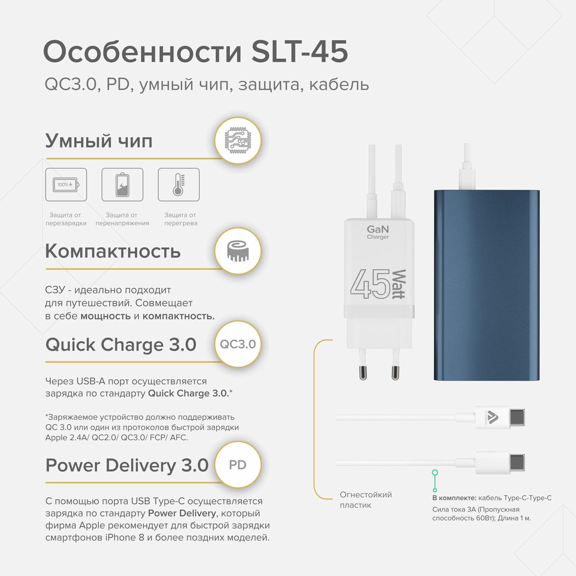 Зарядное устройство сетевое Lyambda 45Вт GaN c 2-мя выходами (PD+QC3.0) - фото №3