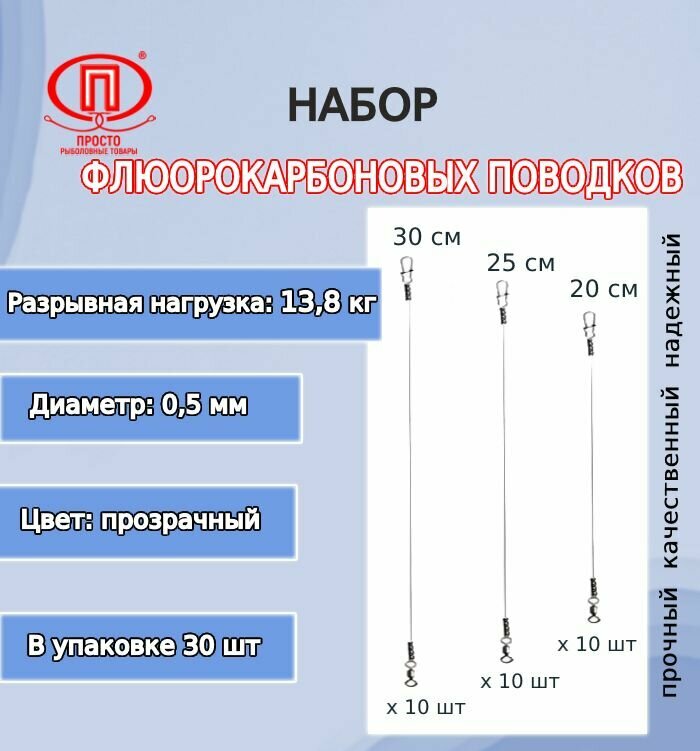 Набор поводков для рыбалки ПК "Просто-Рыболовные товары" флюорокарбон 138кг 050мм 20-25-30см (1упк. по 30шт.)