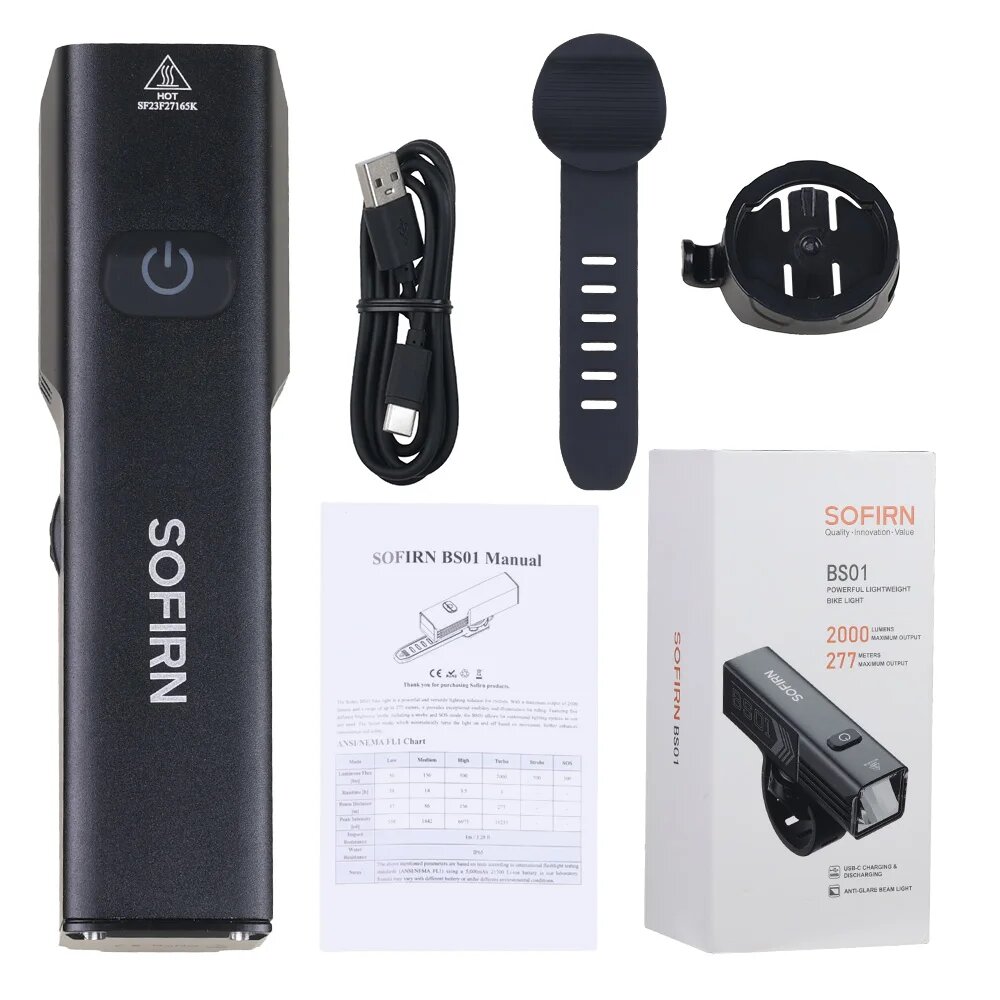 Sofirn BS01 велосипедный фонарик 2000lm 5000 mAh, Black, 6000K with battery, Черный