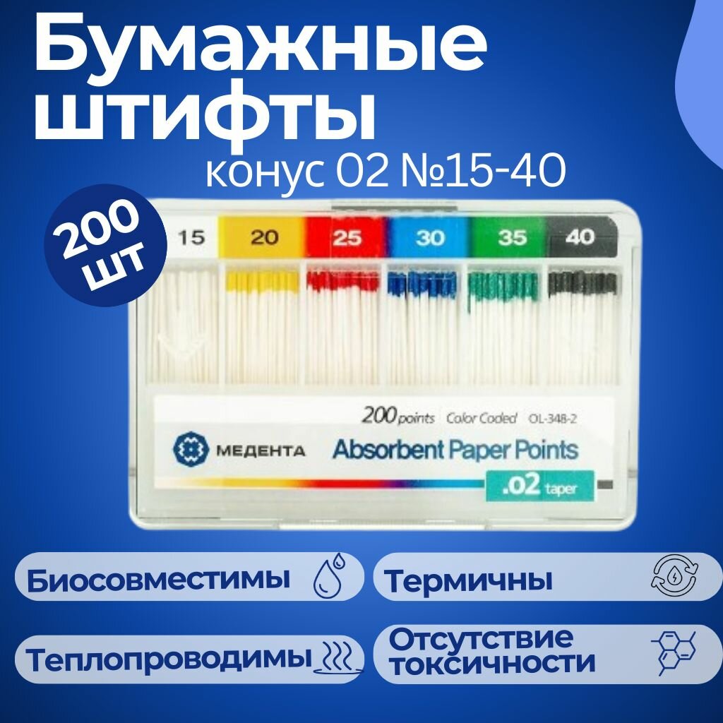 Набор бумажных штифтов конус 02 №15-40 (200 шт) медента