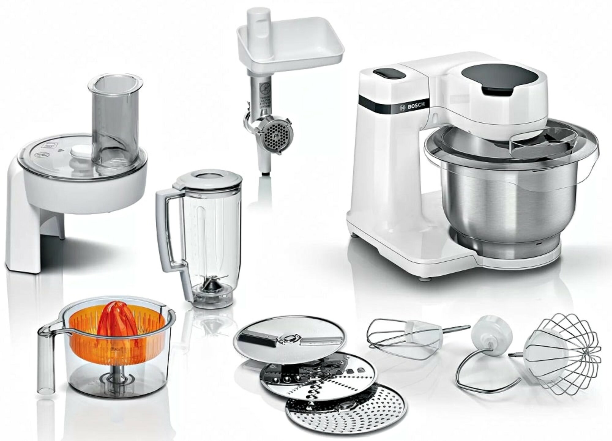 Кухонная машина Bosch MUMS2EW40, нержавеющая сталь, пластик, белая, 700Вт, 3,8л — фото 1
