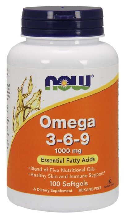 Жирные кислоты, Омега 3-6-9 1000мг NOW Omega 3, 100 мягких капсул, Рыбий жир, мозга, сердца и сосудов — фото 1