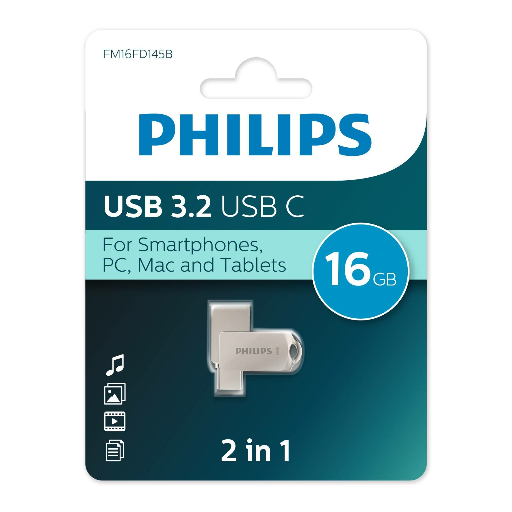 Флеш накопитель 16Gb PHILIPS 2-in-1 USB 3.2 USB C OTG USB 3.2/Type-C Металл 100 MB/s
