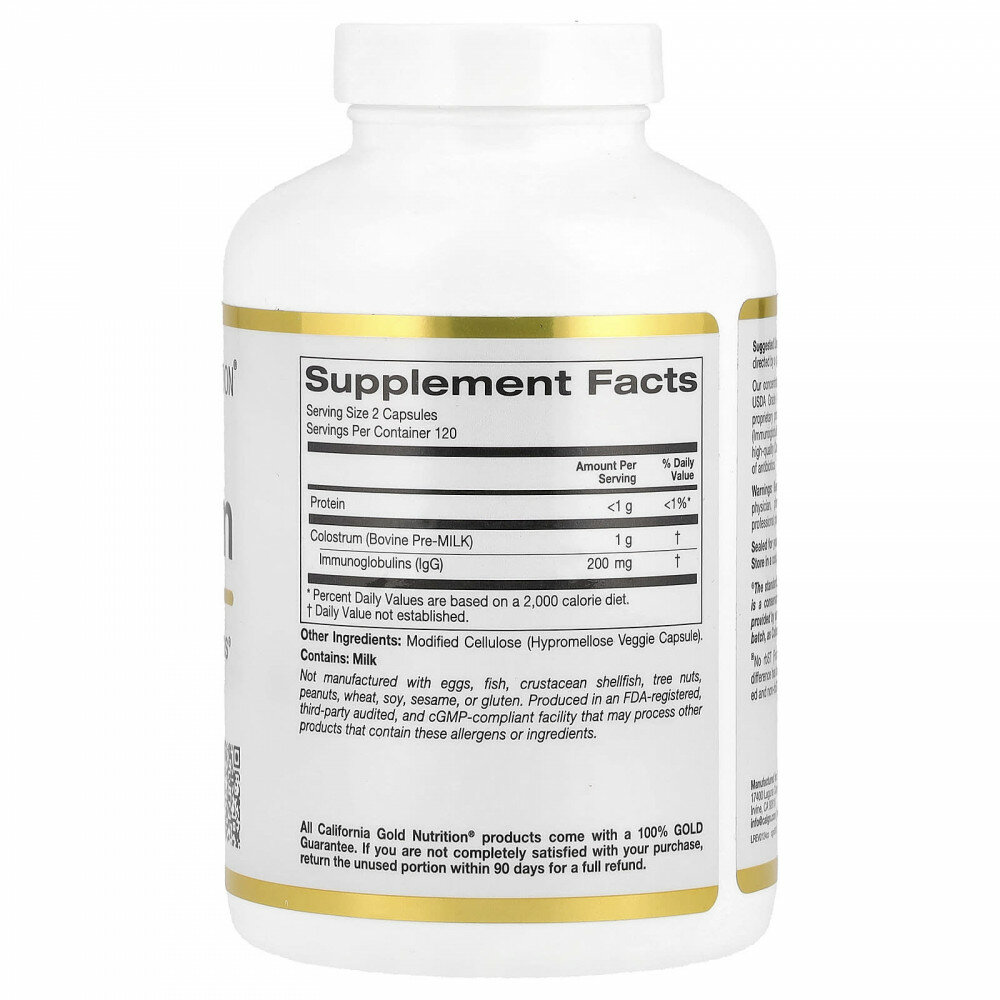 Изображение California Gold Nutrition, Colostrum with 20% IgG Immunoglobulins, 240 Veggie Capsules