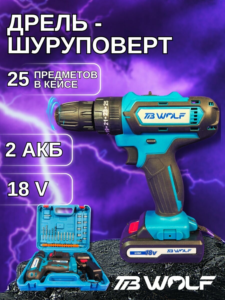 Дрель шуруповерт аккумуляторная TIB WOLF, шуруповерт аккумуляторный 18в c двумя аккумуляторами