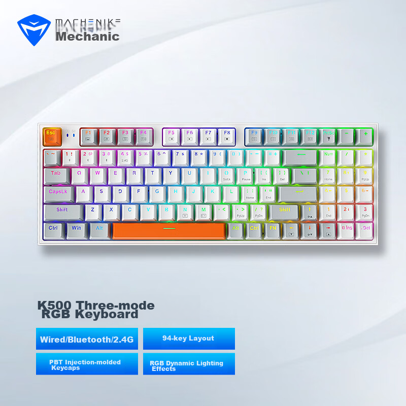 Беспроводная трехрежимная механическая клавиатура MACHENIKE K500, White, Bluetooth, 94 клавиши, Red Switch
