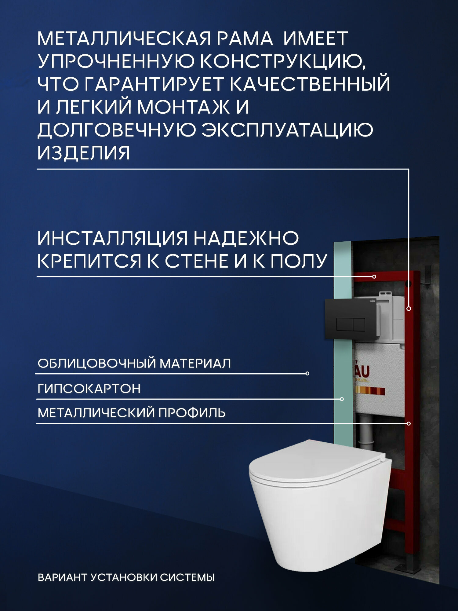 Инсталляция с унитазом комплект BAUEDGE : унитаз Nimb Hurricane, сиденье, клавиша Hotel, черная матовая — фото 1