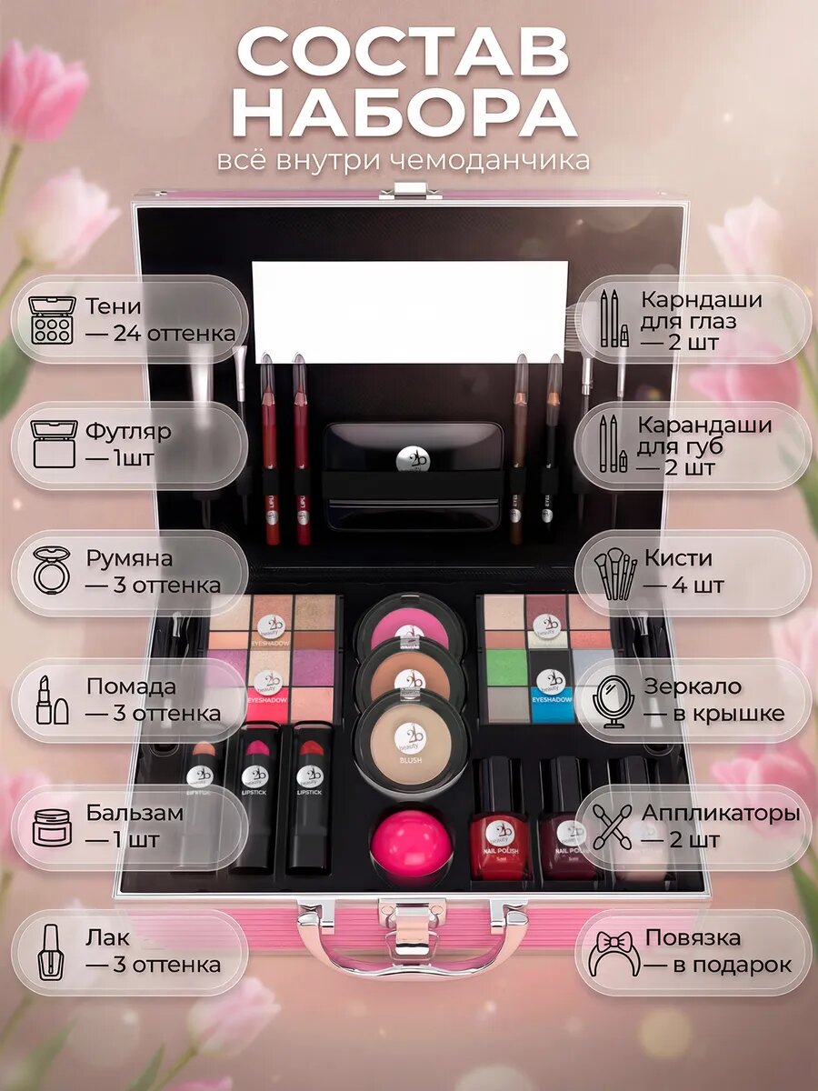 Подарочный набор 2b Beauty Pink Style, для макияжа, 24 оттенка теней, румяна, помады, лак для ногтей — фото 1