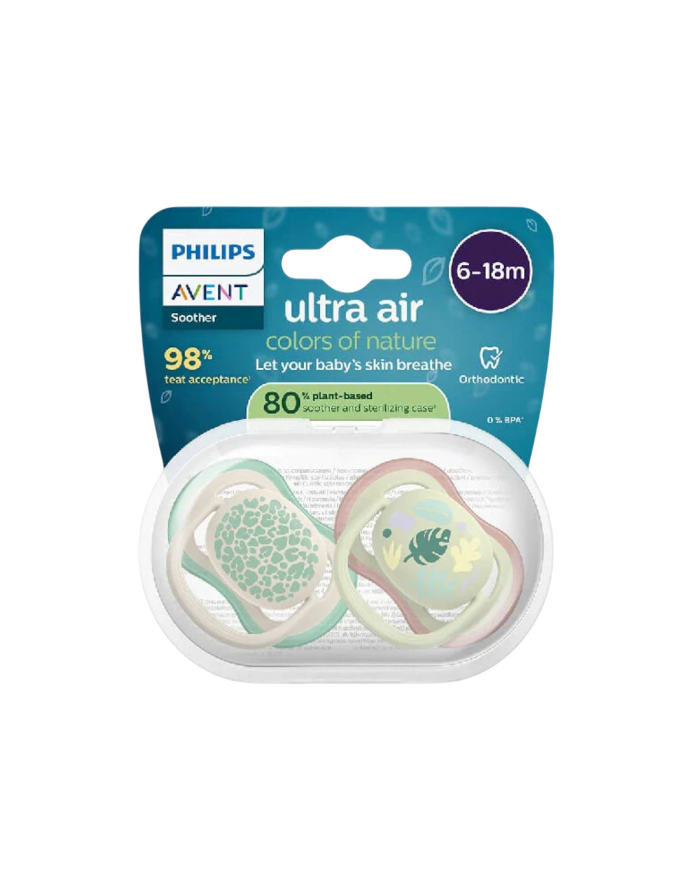 Пустышка Philips Avent Ultra Air SCF087/17 6-18 мес, зелено-бежевый, 2 шт