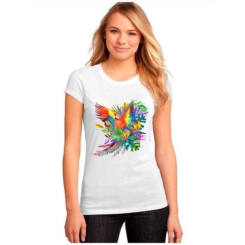фото "женская белая футболка попугай, растения, радуга". размер l drabs