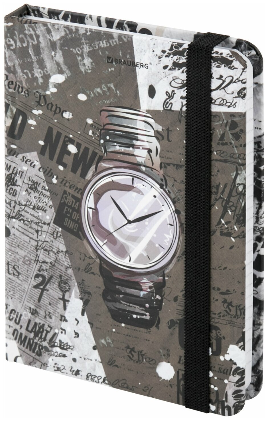 Блокнот с резинкой в клетку 96 л, малый формат А6 (102х148 мм), твердая обложка, BRAUBERG, "Часы", 113737