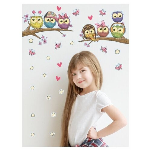 Наклейки виниловые для стен и мебели Decoretto Совушки на ветках 50х35 см Стикеры для интерьера наклейка на авто для декора на холодильник на кухню декор для дома