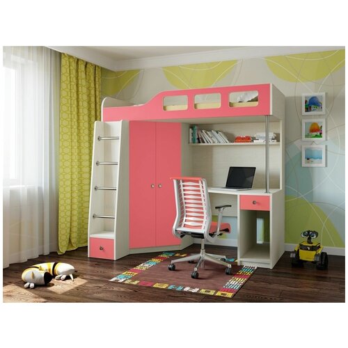 фото Adeta кровать-чердак астра 7 дуб молочный/розовый