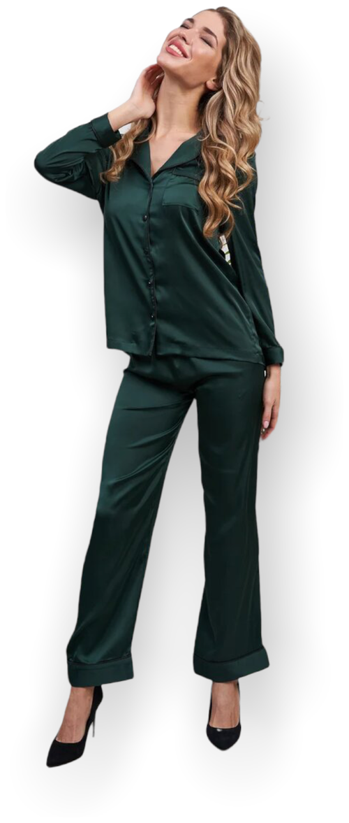 Пижама NICOLE HOME, брюки, рубашка, длинный рукав, карманы, размер L, зеленый
