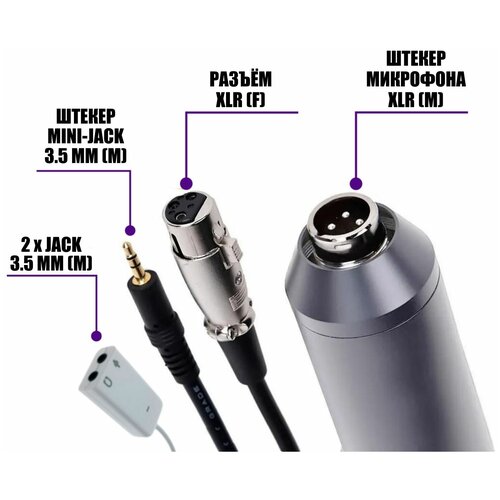 Кабель XLR-Jack 3.5 для микрофона 1.5 м и адаптер с двумя разъемами mini-jack 3.5 мм, 9 см