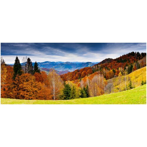 Фотообои Уютная стена Осенний лес и горы 640х270 см Виниловые Бесшовные (единым полотном)