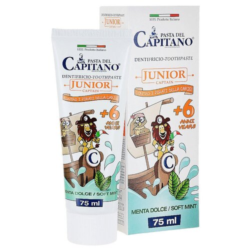 зубная паста pasta del capitano pasta del capitano junior soft mint Pasta del Capitano Junior Детская зубная паста для детей от 6 лет со вкусом мяты, 75 мл