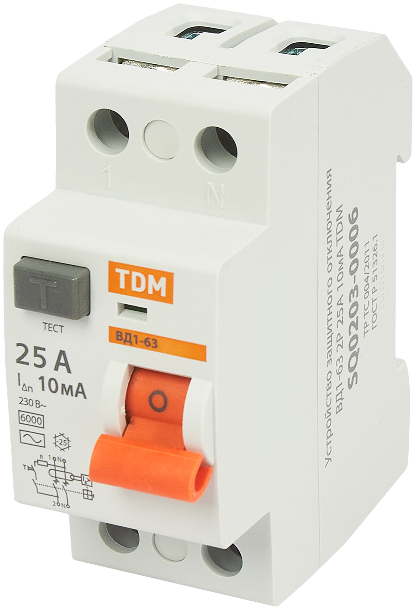 УЗО TDM Electric ВД1-63 2Р 25 А 10 мА 4.5 кА A SQ0203-0075