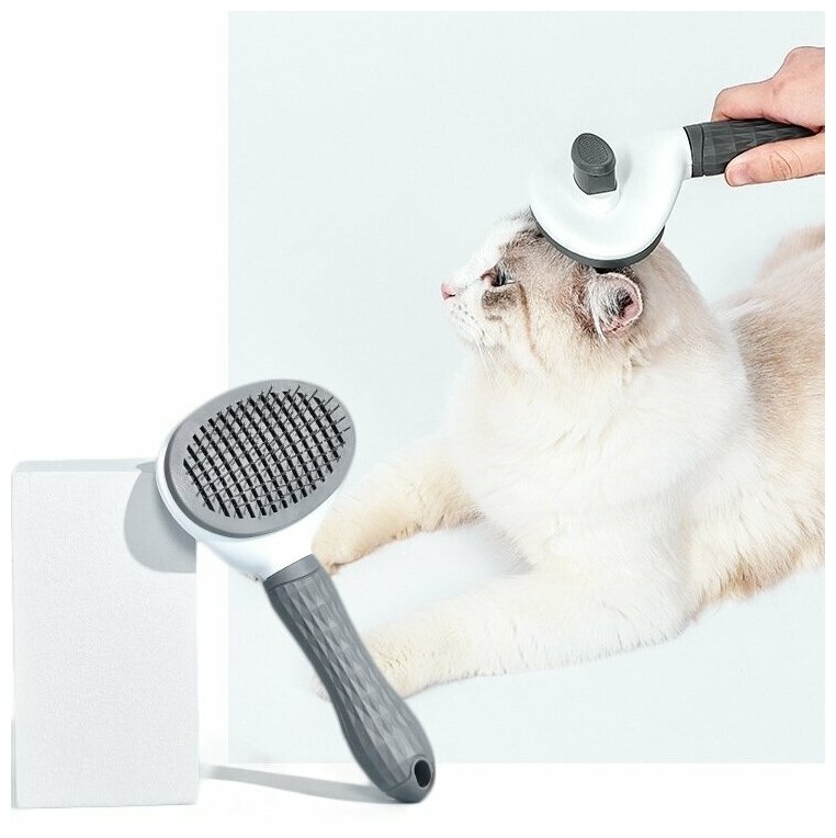 Щетка-пуходерка для кошек и собак, размер М, серый, с функцией самоочистки - фотография № 8
