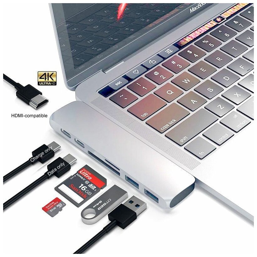 USB-концентратор (адаптер, переходник) Aluminum Type-C 7 в 1 (Silver) для MacBook