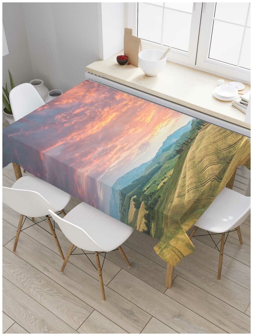 Скатерть прямоугольная JoyArty на кухонный стол "Бескрайние холмы" из оксфорда, 120x145 см
