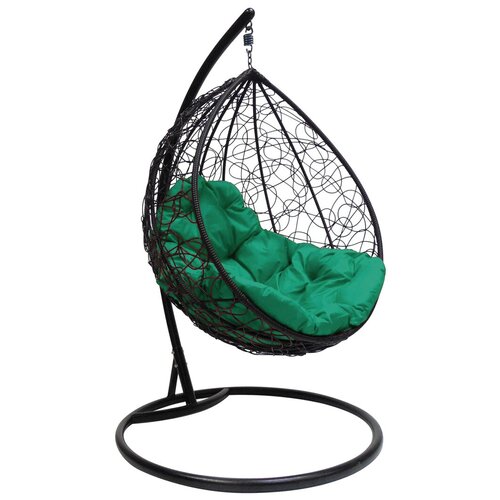 Черное подвесное кресло капля ротанг, с зелёной подушкой