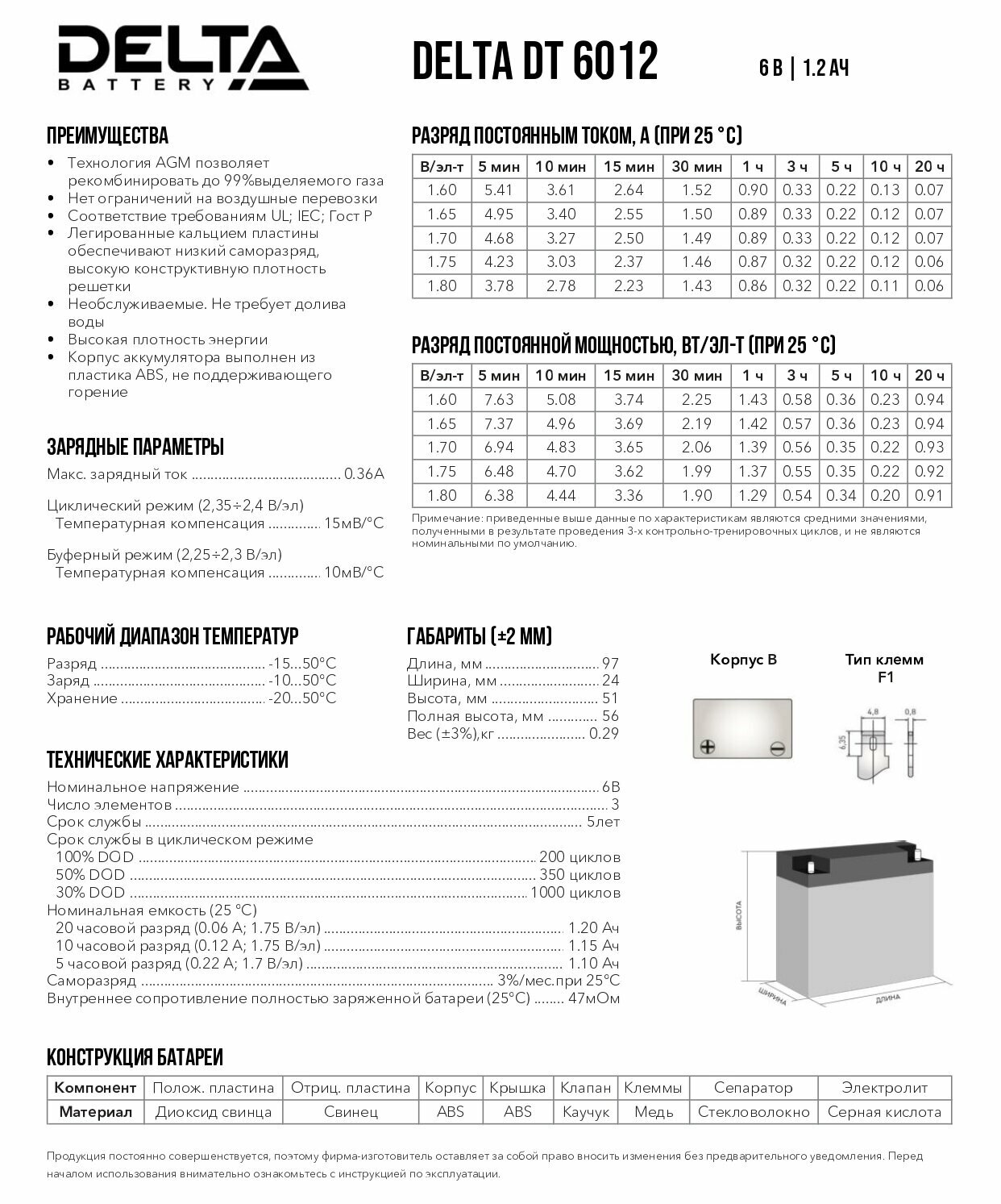 Аккумулятор Delta Battery DT 6012 для ИБП 6V 1,2Ah