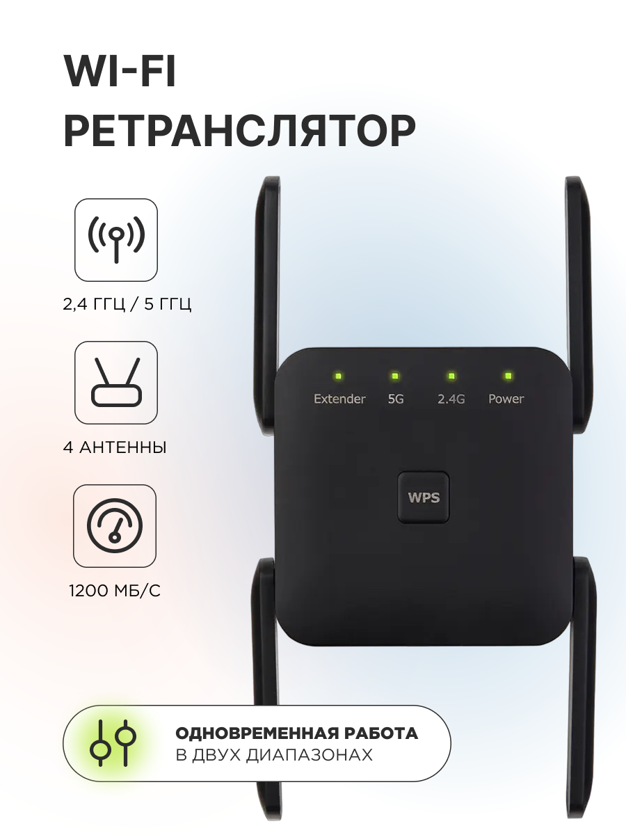 Усилитель wi-fi, два диапазона 2.4/5 ГГц,1200мб, четыре антенны,черный