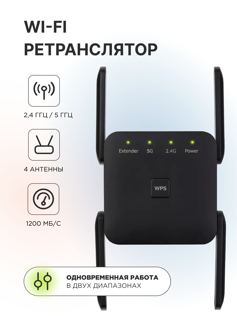 Ретранслятор/усилитель wifi, двух диапазонный 2.4 / 5 ГГц, Wi-Fi AP, четыре антенны, цвет Черный