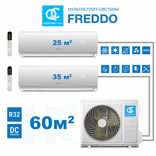 Инверторная мульти сплит-система QuattroClima серии FREDDO на 2 комнаты (25 м2 + 35 м2) с наружным блоком 60 м2 , Постоянная работа