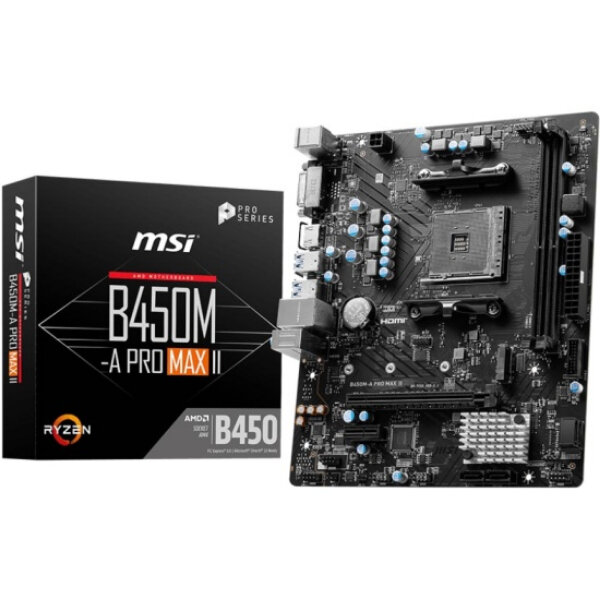 Материнская плата MSI B450M-A PRO MAX II AM4 2DDR4 1PCI-Ex16 1M.2 4SATA3 6USB3.2 Gen1 6USB2.0 HD Audio 4xSATA3(RAID 0/1/10), 1xM.2, 8 Ch Audio, GLan,