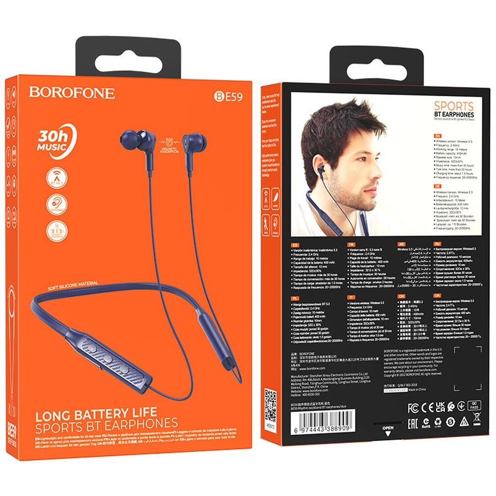 Наушники внутриканальные Borofone BE59, Rhythm, Bluetooth, цвет: синий