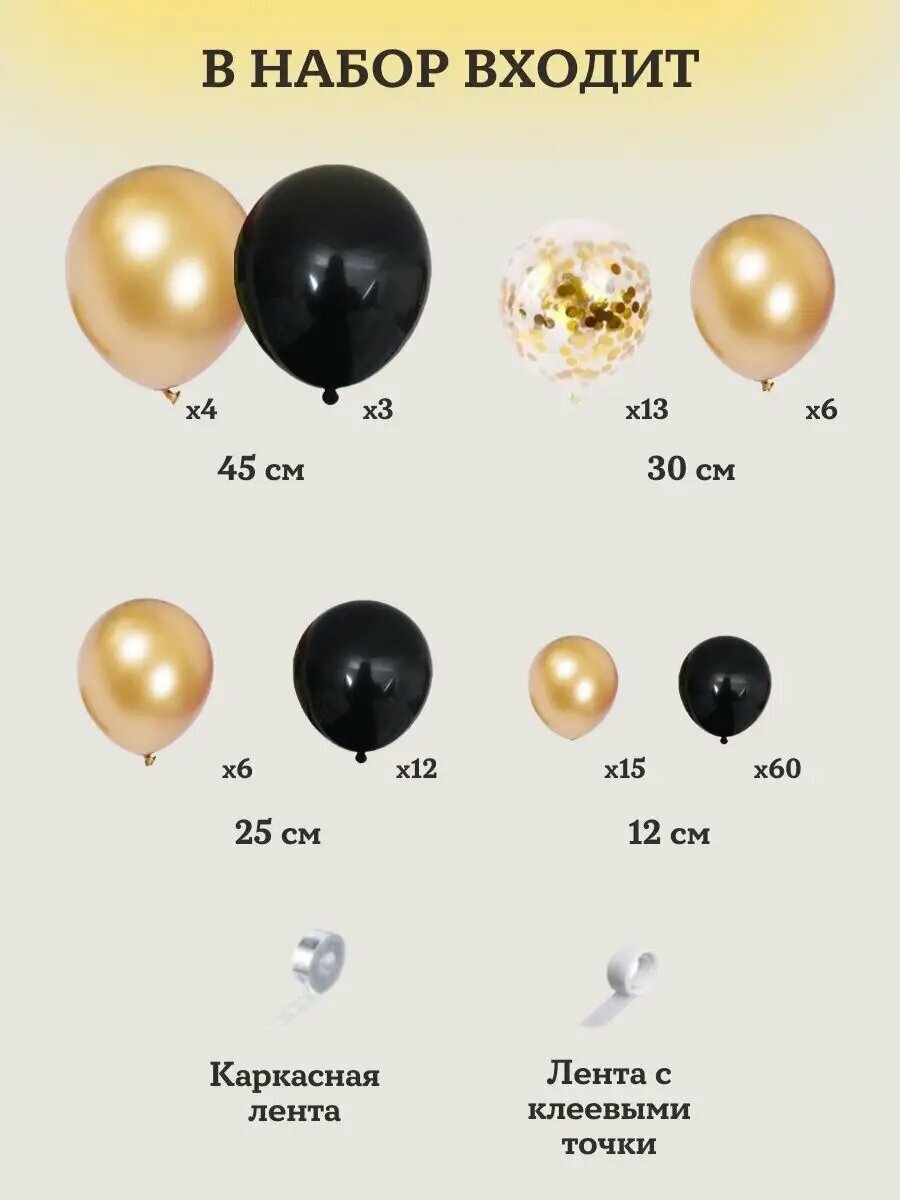 Набор воздушных шаров для фотозоны Small Hippo "Арка золотая", 121 шар, 4 разных размера, латекс, золотистый — фото 1
