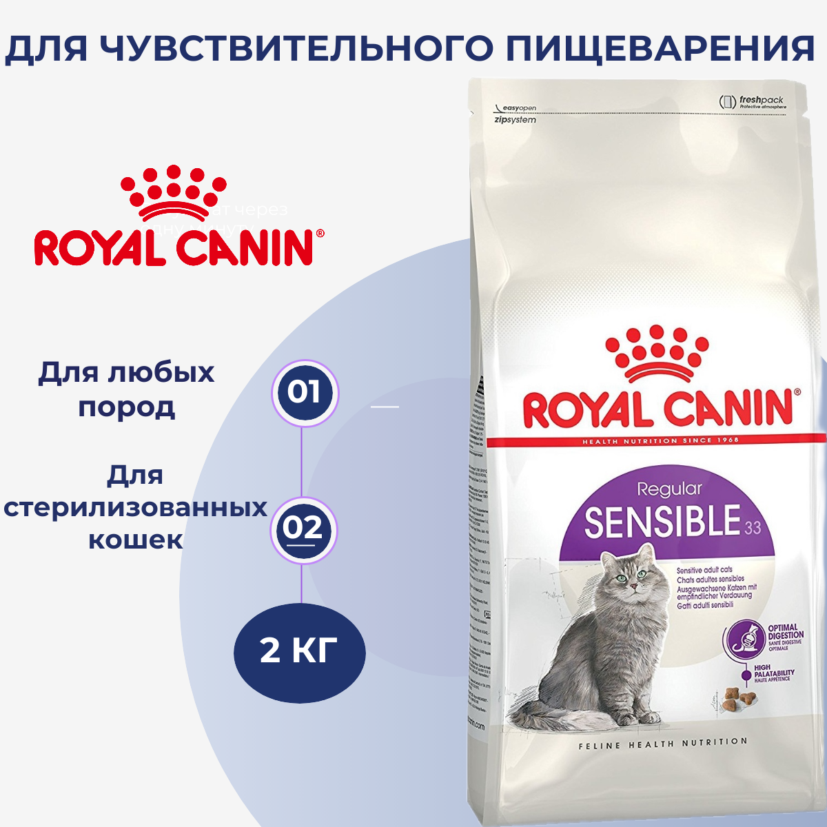 Корм сухой Royal Canin "Sensible 33", для кошек с чувствительной пищеварительной системой, 2 кг
