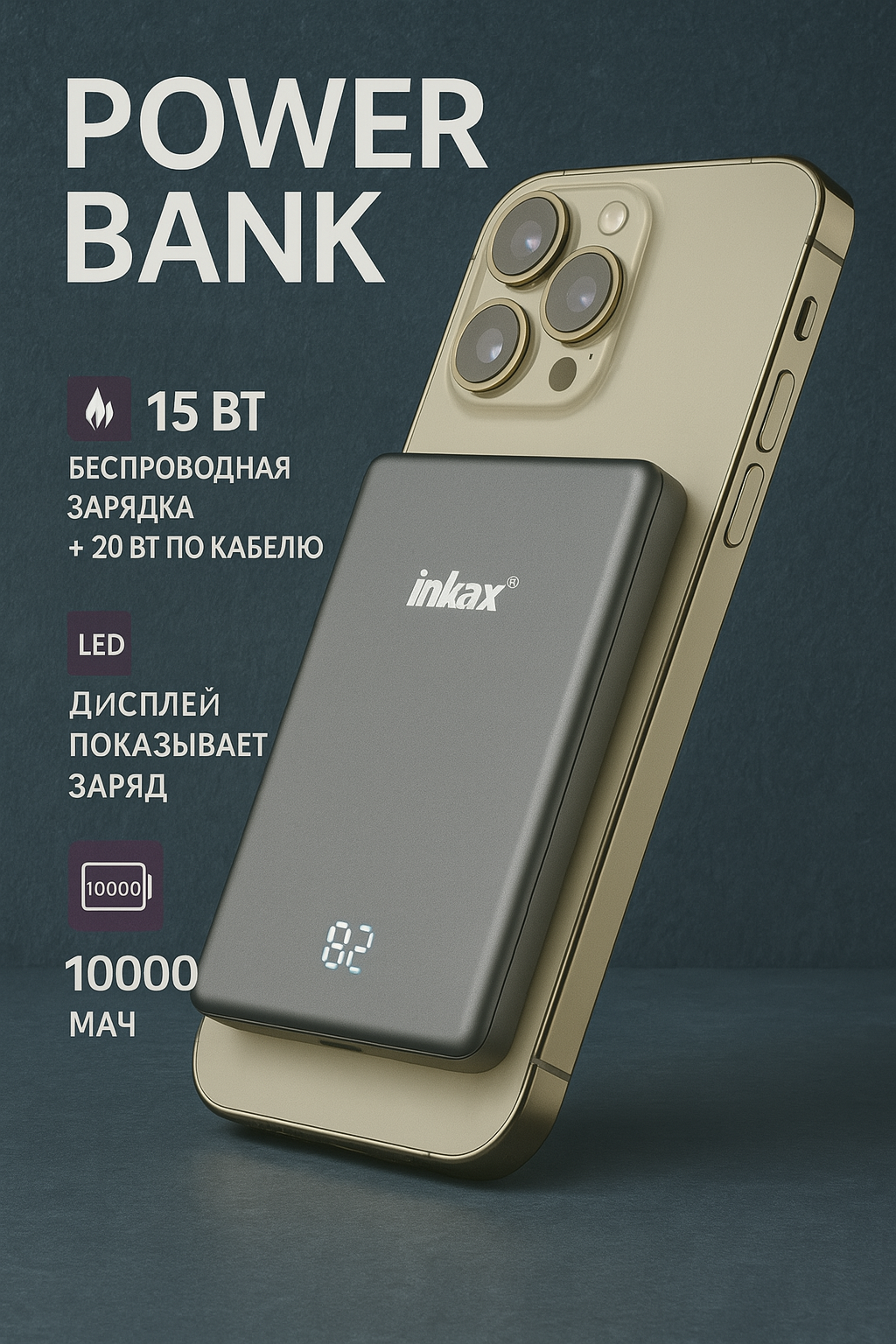 Магнитный пауэрбанк Inkax PBM-14 10000 мАч, MagSafe, быстрая зарядка 20Вт, беспроводная 15Вт, LED-дисплей