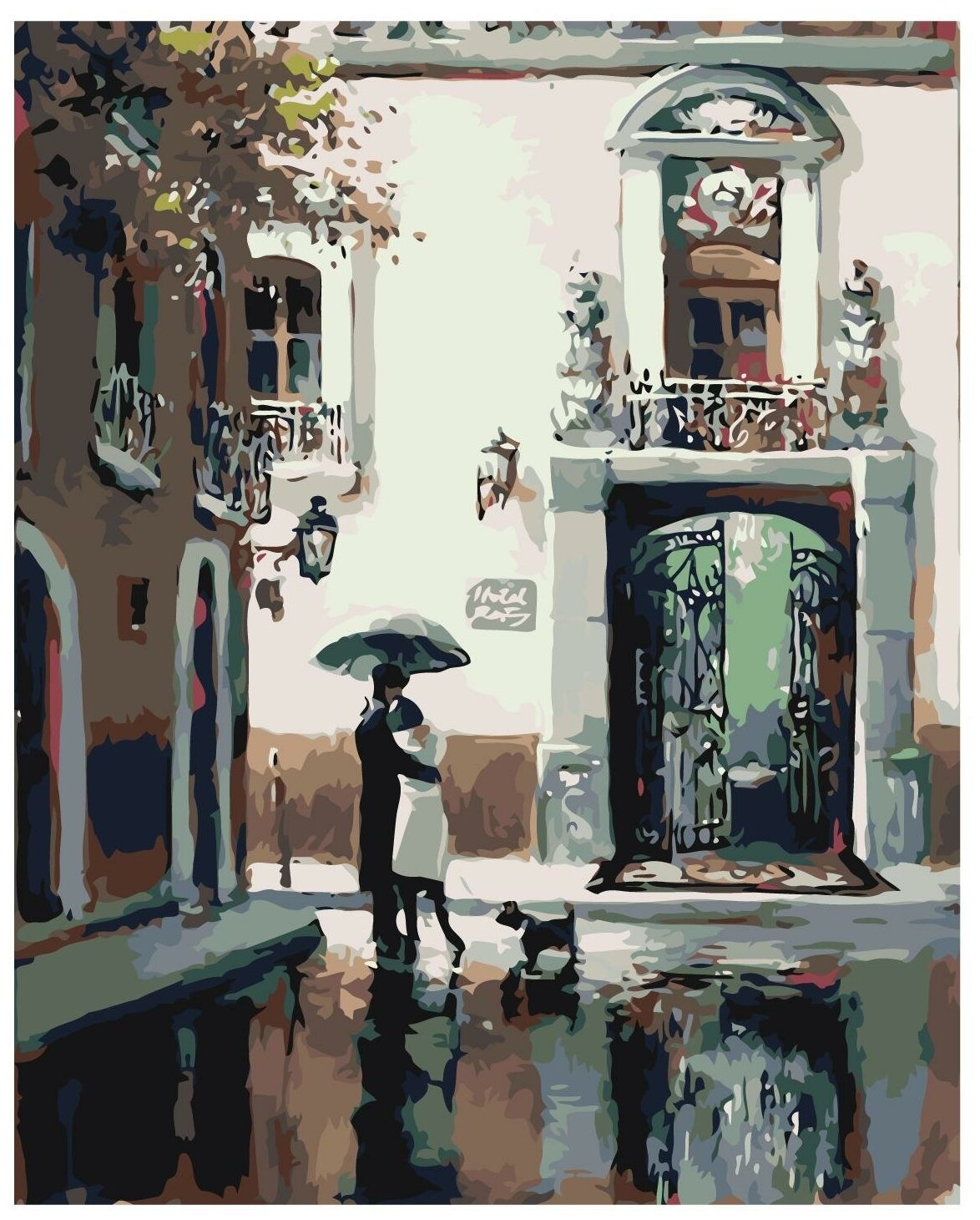 Картина по номерам, "Живопись по номерам", 48 x 60, BH23, дождь, влюблённые, зонт, здание, ворота, арка, Шико Роман, Двое под фонарем