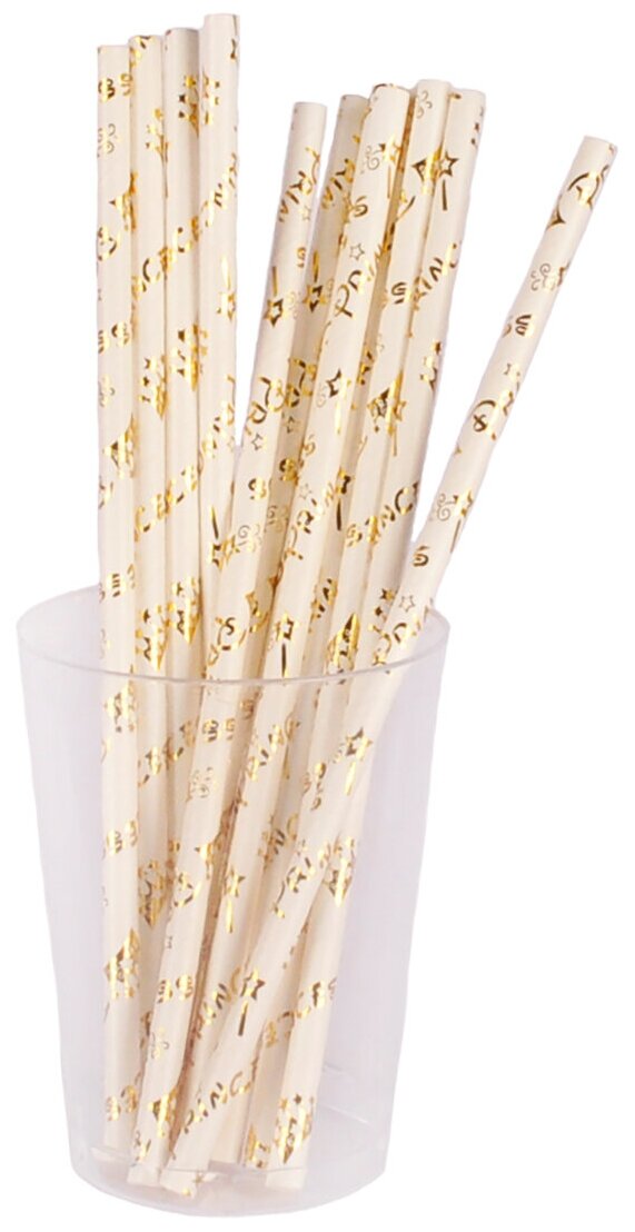 Коктейльные трубочки, короны и звезды, цвет золотистый, 12 штук в наборе, длина 19,5 см