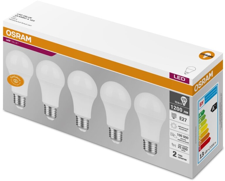 Лампа светодиодная OSRAM LVCLA125 15SW/840 230V E27 5шт/уп (4058075577831)