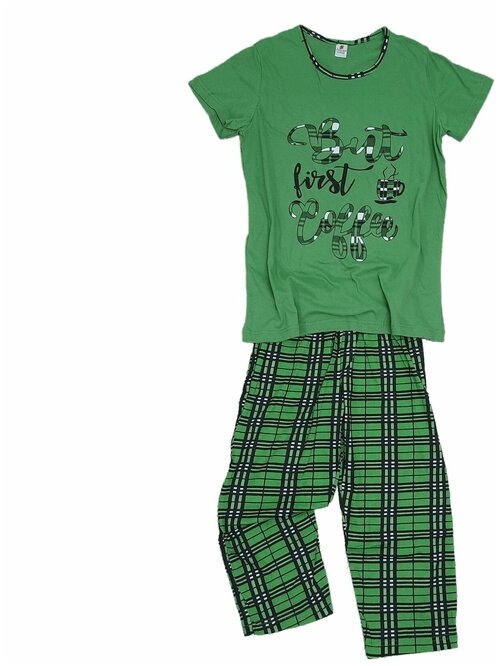 Пижама , футболка, бриджи, короткий рукав, пояс на резинке, размер 44-46, зеленый