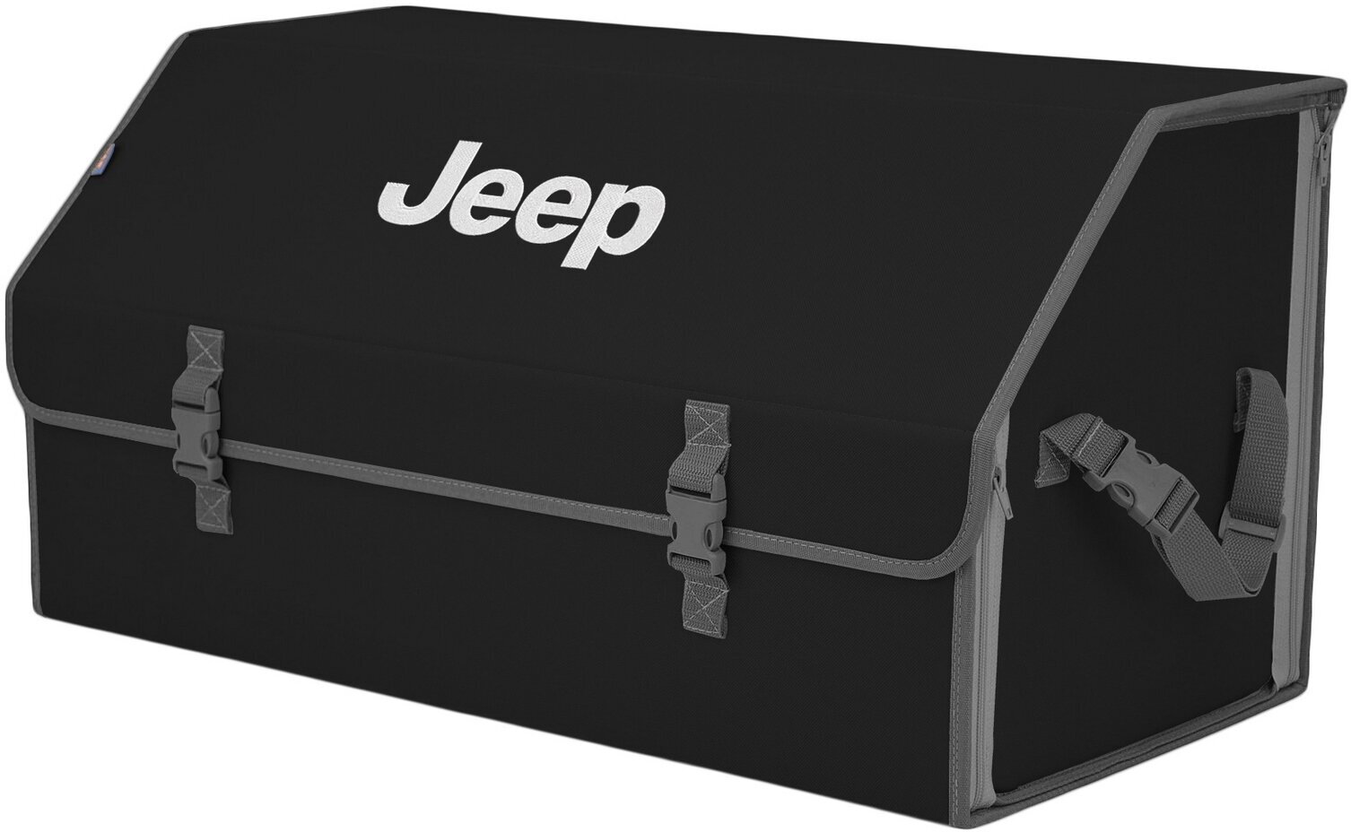Органайзер-саквояж в багажник "Союз" (размер XL Plus). Цвет: черный с серой окантовкой и вышивкой Jeep (Джип).