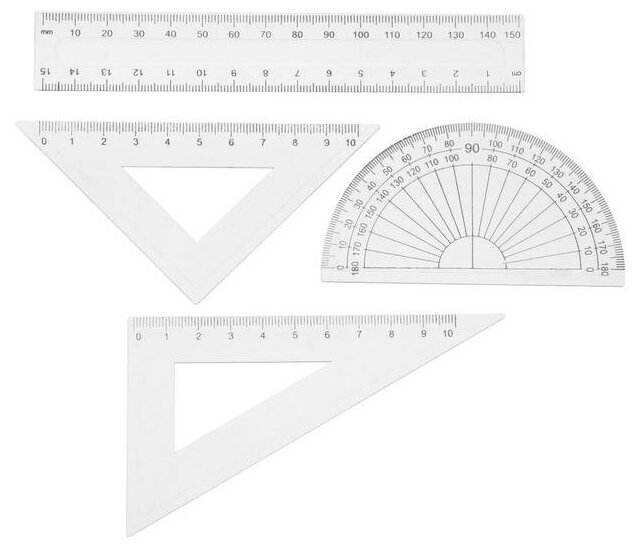 Набор чертежный 4 предмета (линейка15см треугольник11см/30*и 5см/45* транспортир)прозрачный 547193