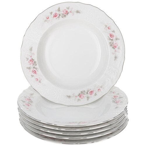 фото Тарелка глубокая 23 см; "bernadotte", декор "бледные розы, отводка платина" (набор 6 шт.)